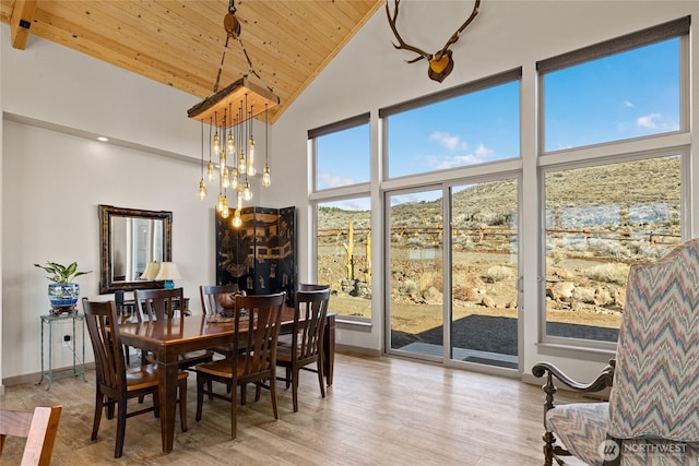 dining area featuring light wood-style floors, baseboards, high vaulted ceiling, and wooden ceiling