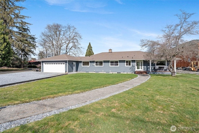 single story home with a front lawn, gravel driveway, a chimney, and an attached garage