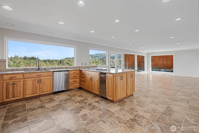 kitchen with stainless steel appliances, recessed lighting, a sink, and crown molding