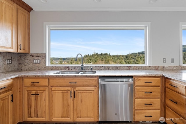 kitchen featuring a sink, a wealth of natural light, ornamental molding, and stainless steel dishwasher