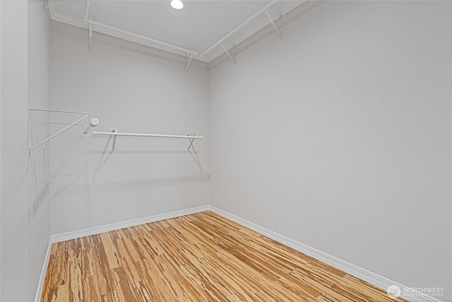 walk in closet featuring light wood-style floors and attic access