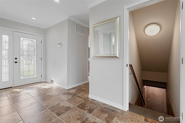 foyer entrance featuring stone tile floors, baseboards, visible vents, crown molding, and recessed lighting