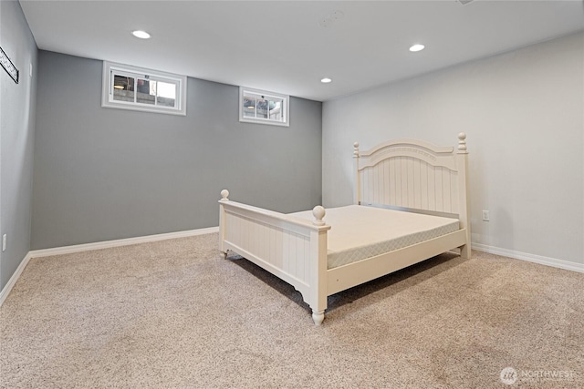 bedroom with carpet floors, recessed lighting, and baseboards