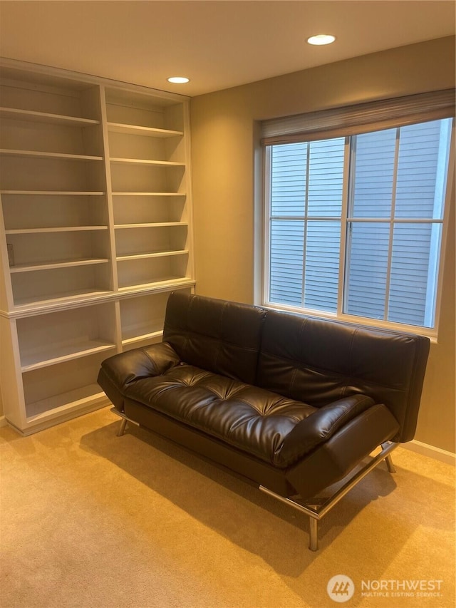 sitting room featuring baseboards, carpet flooring, and recessed lighting