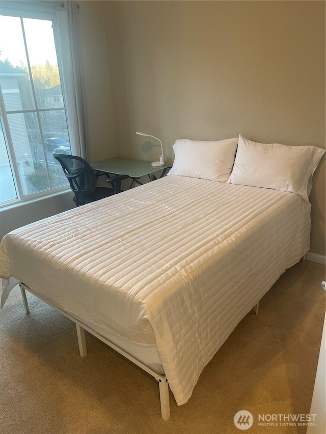 carpeted bedroom featuring multiple windows