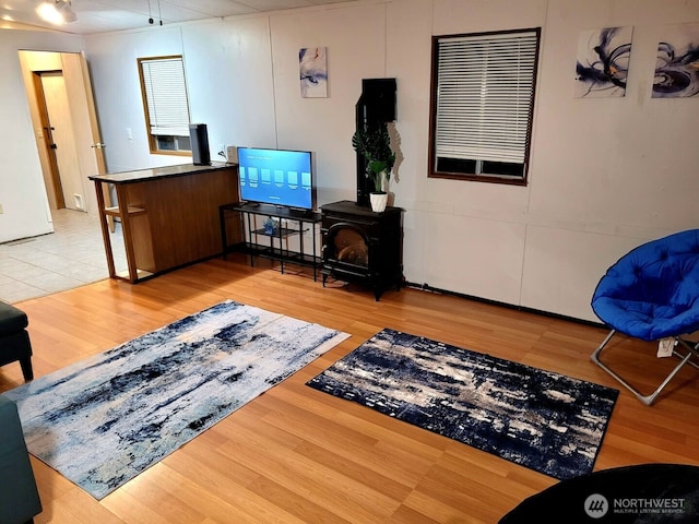 living room featuring a wood stove and wood finished floors