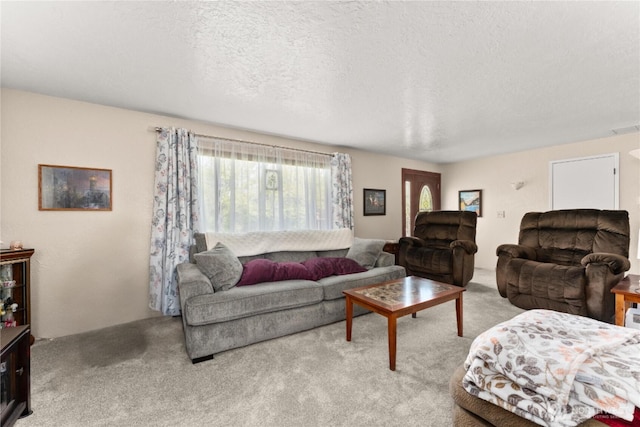 carpeted living room with visible vents and a textured ceiling