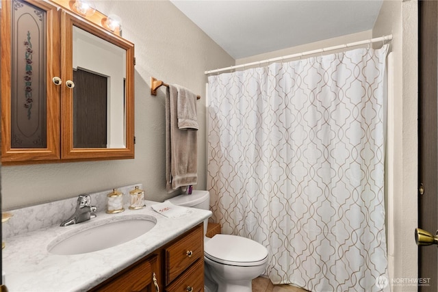 full bathroom featuring toilet, a shower with curtain, a textured wall, and vanity
