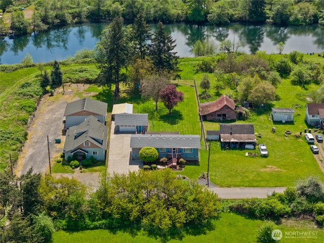 drone / aerial view featuring a water view