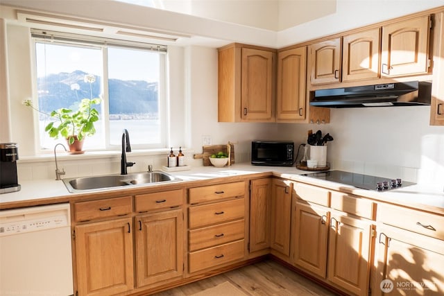 kitchen with black appliances, under cabinet range hood, light countertops, and a sink