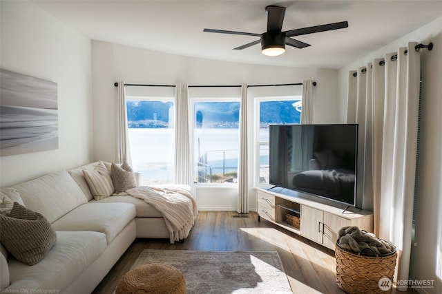 living room featuring ceiling fan and wood finished floors