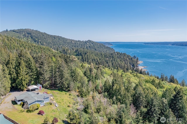 aerial view featuring a water view and a view of trees