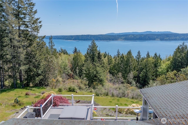 aerial view featuring a water view and a view of trees