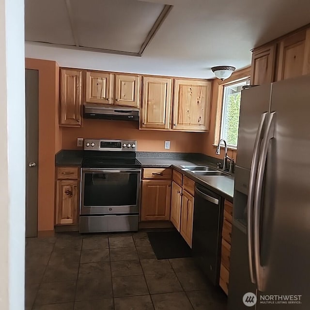 kitchen with dark countertops, appliances with stainless steel finishes, a sink, dark tile patterned flooring, and under cabinet range hood