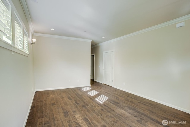 empty room with ornamental molding, recessed lighting, dark wood-style flooring, and baseboards