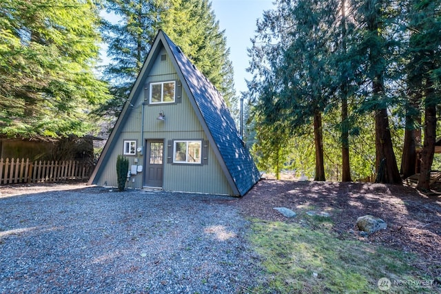 back of property featuring a shingled roof and fence