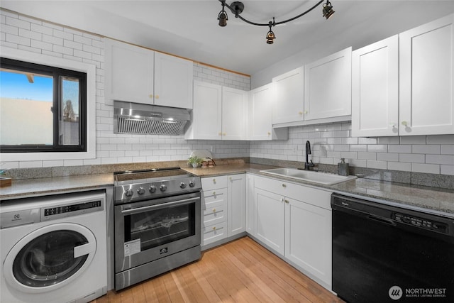 kitchen with under cabinet range hood, dishwasher, stainless steel electric range oven, washer / clothes dryer, and a sink