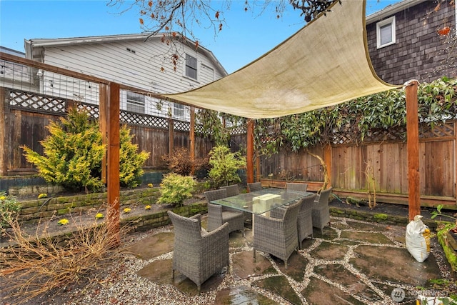 view of patio with a fenced backyard and outdoor dining space