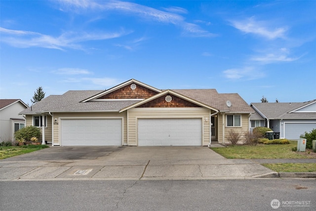 single story home featuring a garage, roof with shingles, and driveway