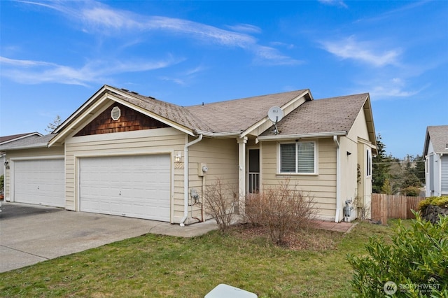 single story home featuring concrete driveway, fence, a garage, and roof with shingles