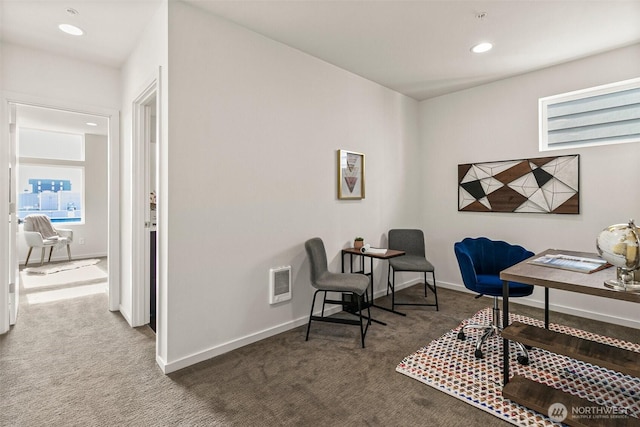 carpeted home office featuring visible vents, baseboards, and recessed lighting