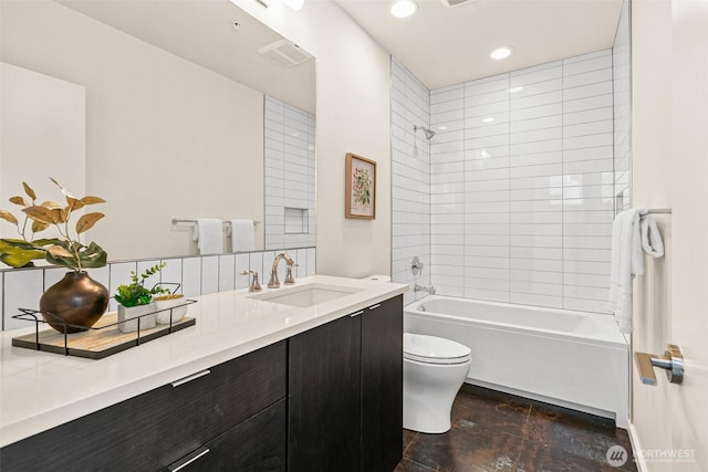 full bath with visible vents, bathing tub / shower combination, toilet, vanity, and recessed lighting