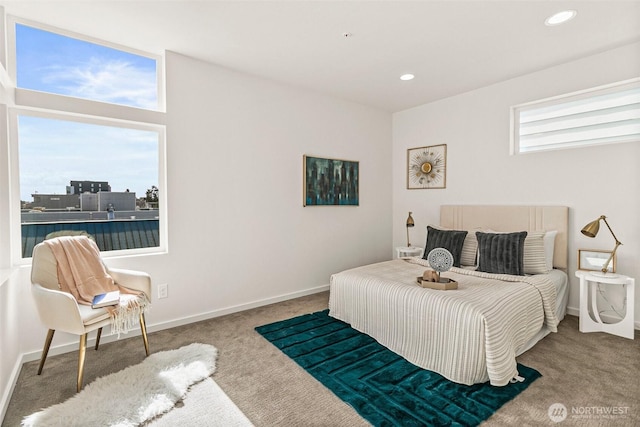 carpeted bedroom with baseboards and recessed lighting