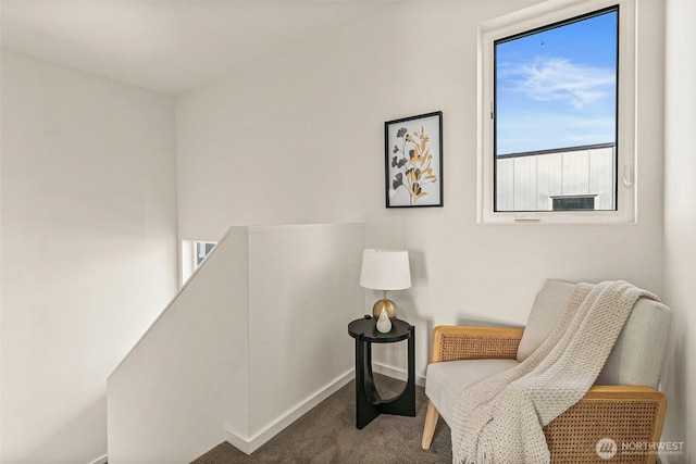 living area with carpet, baseboards, and an upstairs landing