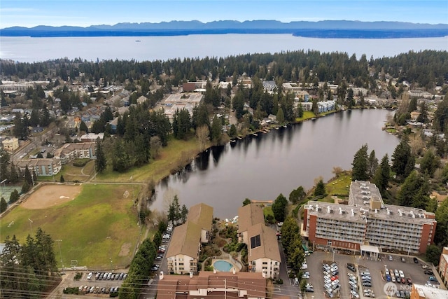 aerial view with a water and mountain view