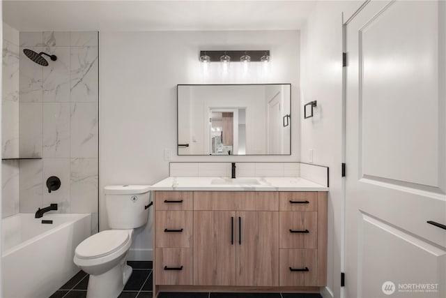 full bath with bathing tub / shower combination, toilet, vanity, and tile patterned flooring