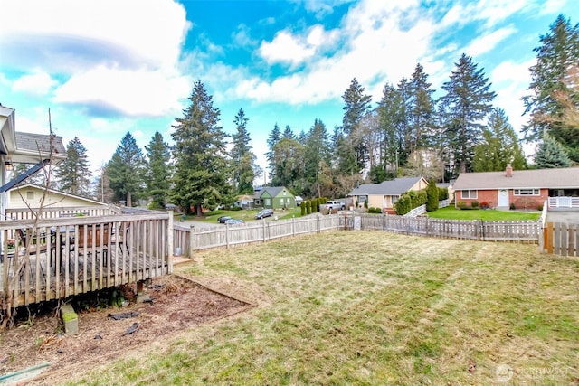 view of yard with a fenced backyard and a wooden deck