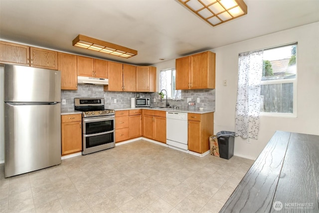 kitchen with tasteful backsplash, appliances with stainless steel finishes, light countertops, under cabinet range hood, and a sink