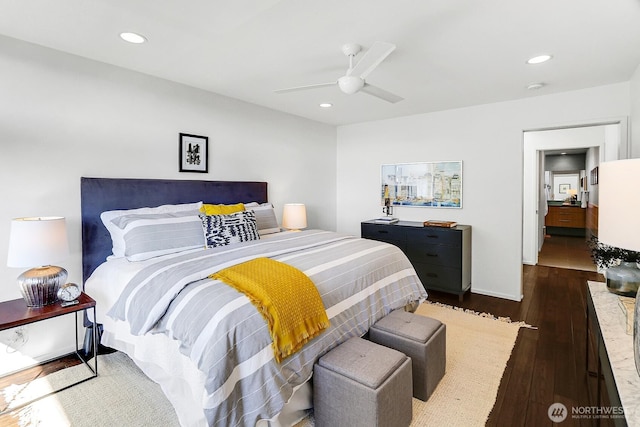 bedroom featuring recessed lighting, wood-type flooring, and ceiling fan