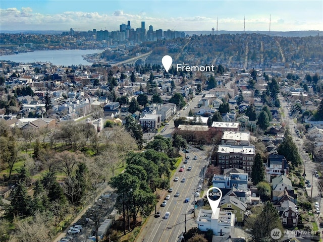 drone / aerial view featuring a water view