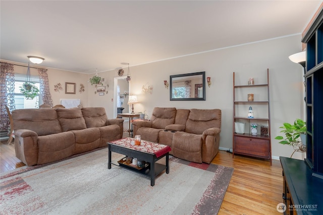 living room featuring light wood-style flooring, baseboards, and crown molding