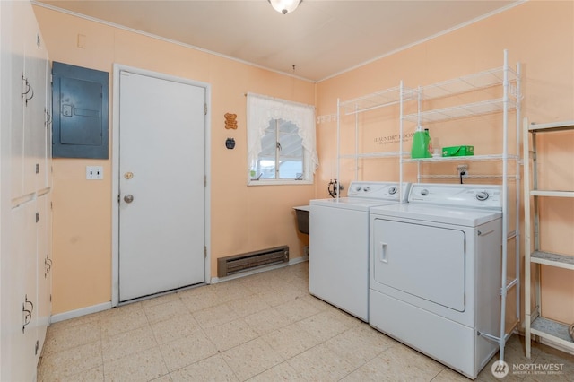 laundry area with laundry area, ornamental molding, electric panel, light floors, and washer and clothes dryer