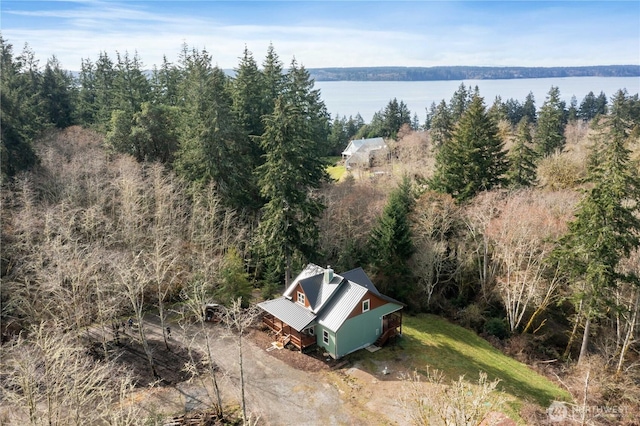 bird's eye view featuring a water view and a forest view