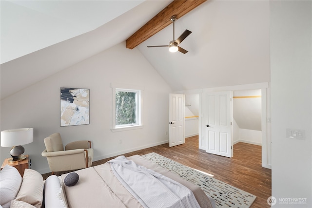 bedroom with lofted ceiling with beams, ceiling fan, wood finished floors, and baseboards