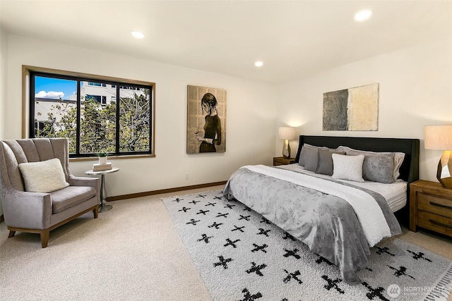 bedroom with carpet, baseboards, and recessed lighting