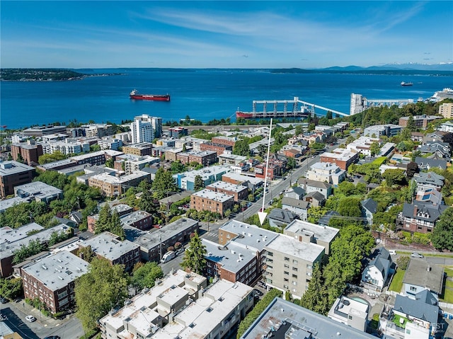 drone / aerial view with a water view