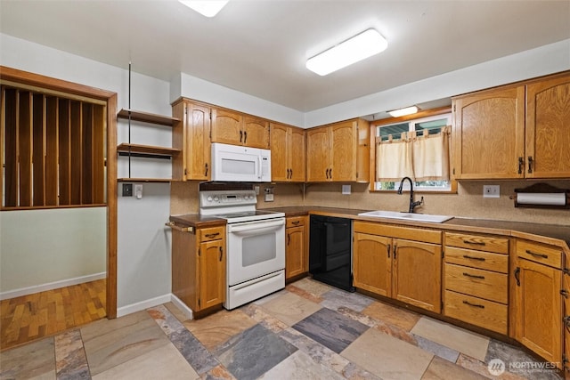 kitchen with white appliances, a sink, baseboards, brown cabinets, and open shelves