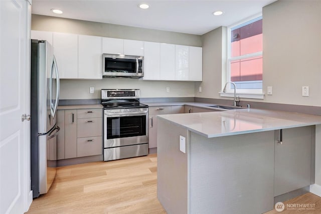 kitchen featuring a peninsula, a sink, white cabinetry, appliances with stainless steel finishes, and light wood-type flooring