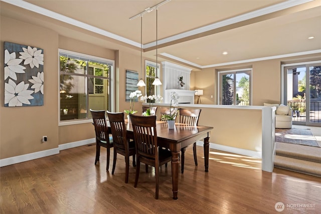 dining area with baseboards, a raised ceiling, ornamental molding, recessed lighting, and wood finished floors