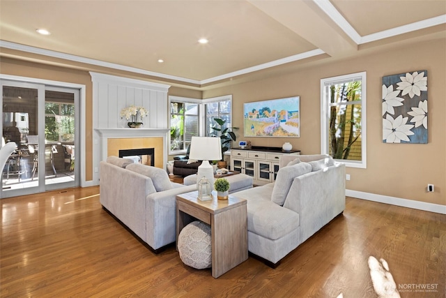 living area with a wealth of natural light, a glass covered fireplace, wood finished floors, and baseboards