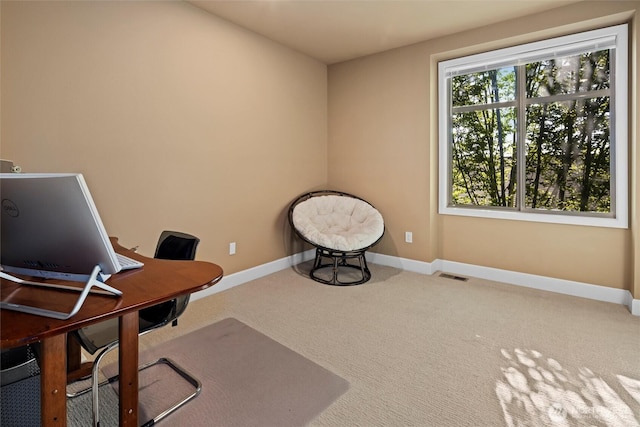 carpeted home office featuring visible vents and baseboards