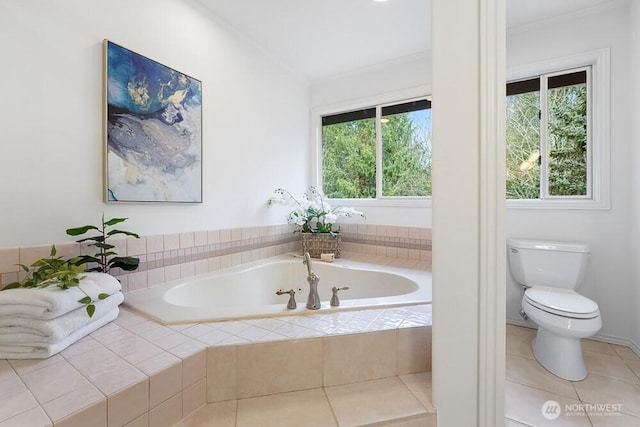 full bathroom with a bath, tile patterned flooring, toilet, and ornamental molding