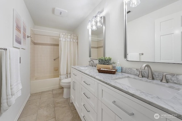 full bath with a sink, toilet, shower / bath combo, and double vanity