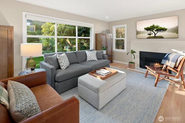 living area with wood finished floors, a glass covered fireplace, and baseboards