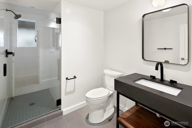 bathroom with a stall shower, tile patterned flooring, vanity, and toilet