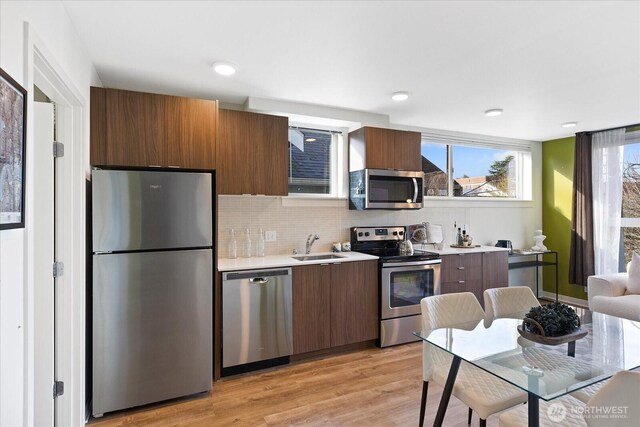 kitchen with backsplash, light countertops, light wood-style floors, stainless steel appliances, and modern cabinets